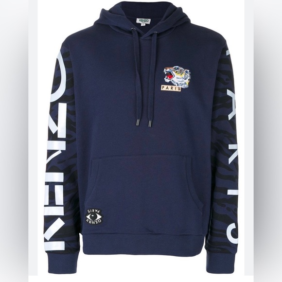 Kenzo Paris Vintage Navy Pullover Logo Hoodie Sweatshirt Embroidered Tigers XL - Picture 2 of 16